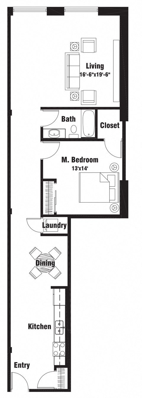 Floor plan for 1 bed, 1 bath, 1015 sqft